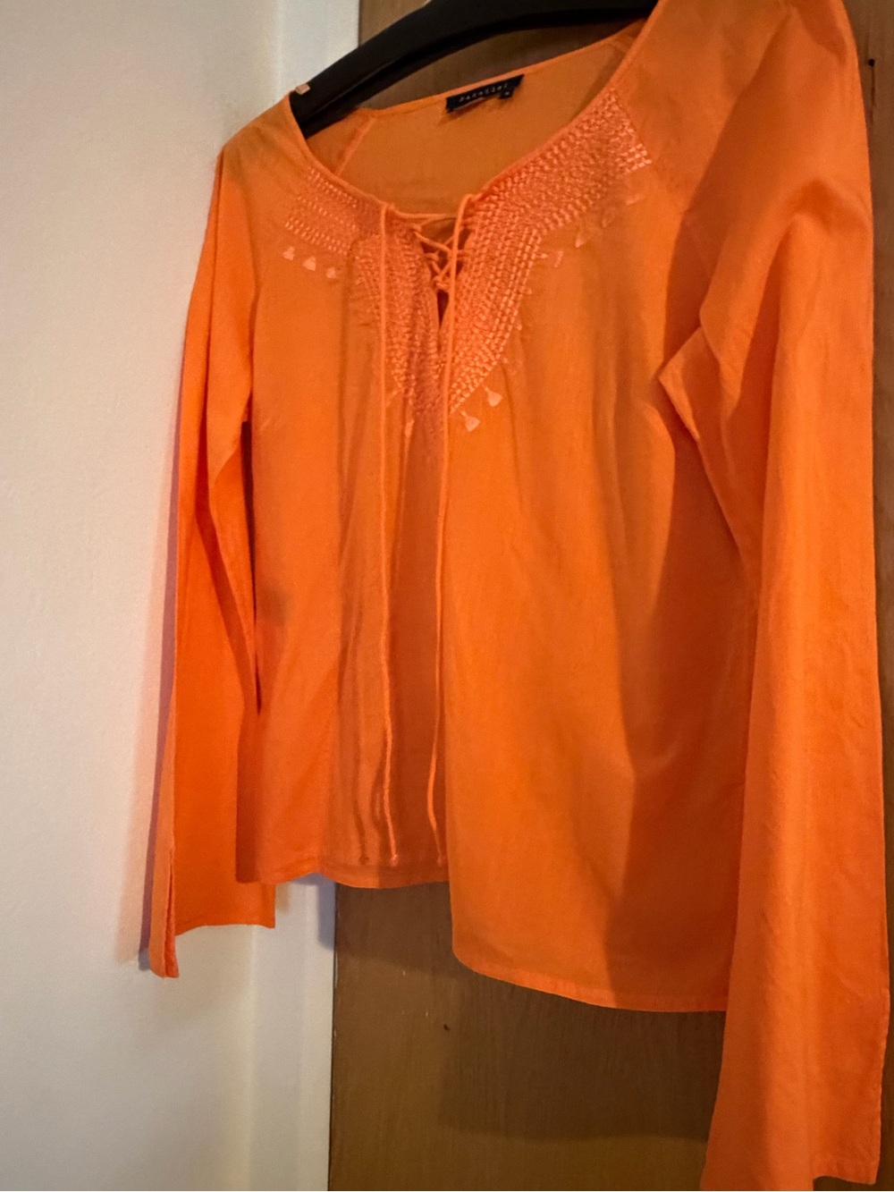 Embroidered Lace-Up Orange Tunic Top by Unknown